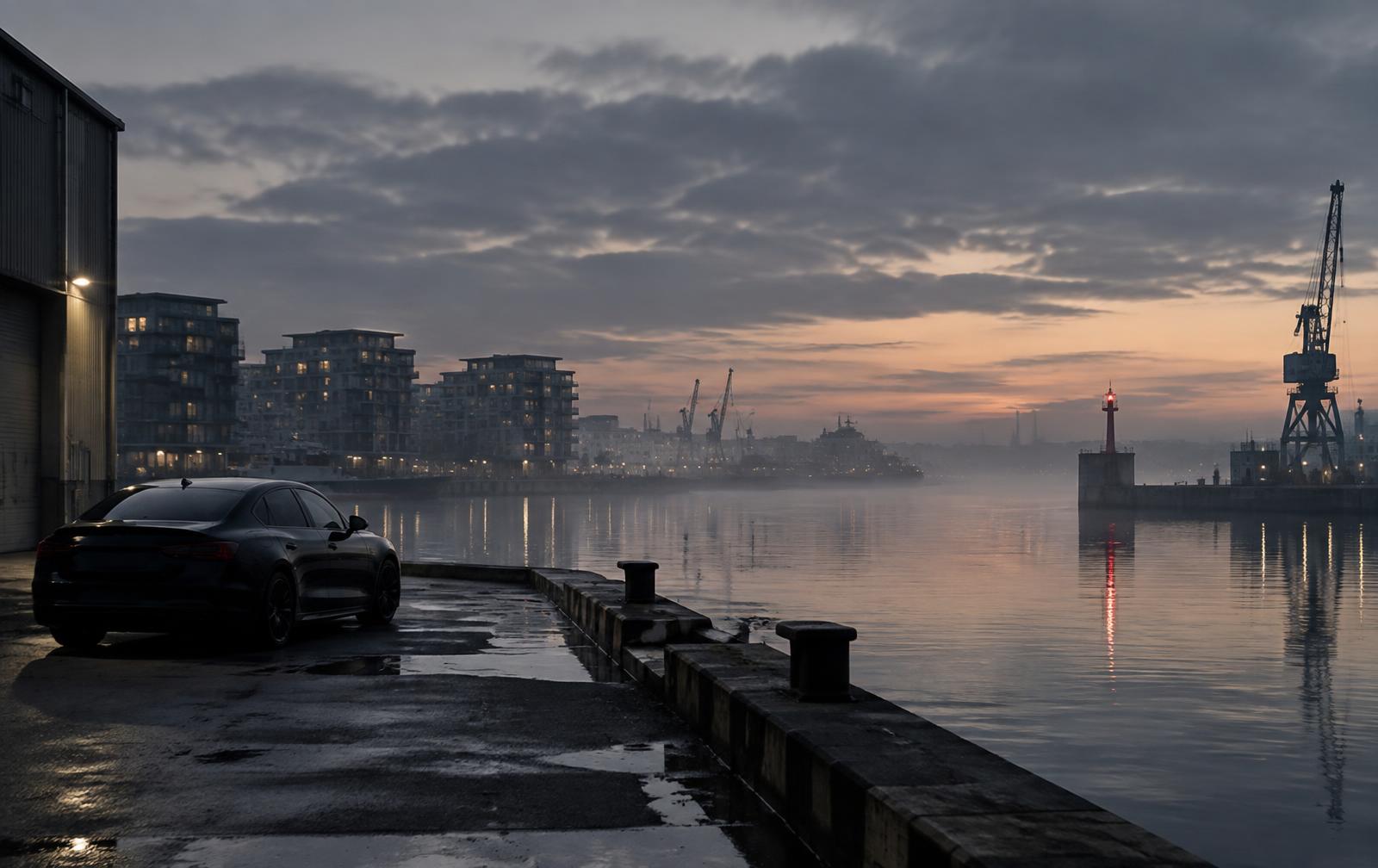 Stille morgen ved byens havn